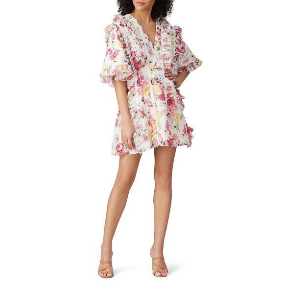 LA MAISON TALULAH Pink White Tea Time Floral Lace Trim Mini Dress Size XS